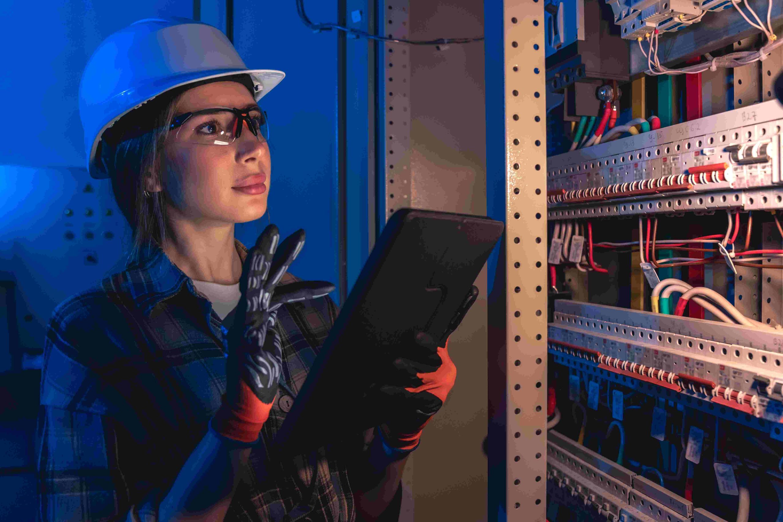 services-01 woman electrician checks switchboard tablet night shift smart service v2